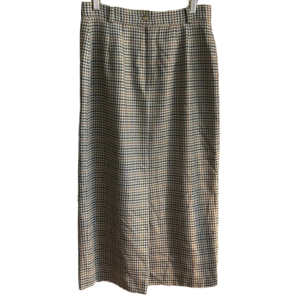 Talbots Vintage 100% Wool Houndstooth Pencil Skirt Brown Blue Plaid 10 Winter